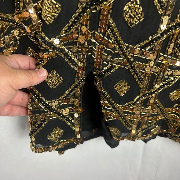 Lillie Rubin Vintage 90s Black Gold Geometric Sequin Beaded Party Dress Women 14 - Picture 10 of 12